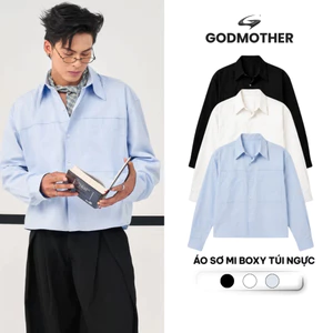 Áo Sơ Mi Boxy Túi Ngực GODMOTHER Áo Sơ Mi Dài Tay Cổ Bẻ Có Túi Áo Phong Cách Casual