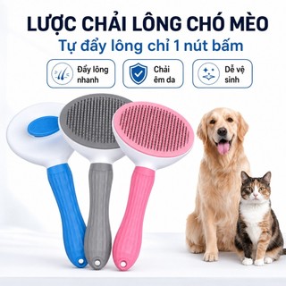 Lược Chải Lông Chó Mèo 1 Nút Bấm, Tự Đẩy Lông, Đầu Răng Tròn Êm Da