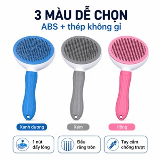 Lược Chải Lông Chó Mèo 1 Nút Bấm, Tự Đẩy Lông, Đầu Răng Tròn Êm Da