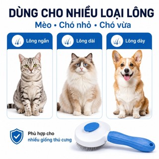 Lược Chải Lông Chó Mèo 1 Nút Bấm, Tự Đẩy Lông, Đầu Răng Tròn Êm Da