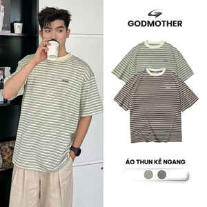 Áo Thun Kẻ Ngang GODMOTHER Form Rộng Cổ Tròn Nam Nữ Unisex Cộc Tay Cotton Phong Cách Hàn Quốc