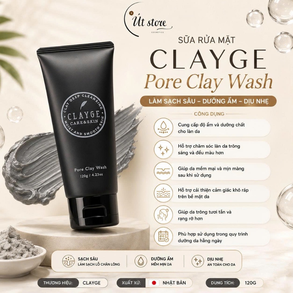 Sữa Rửa Mặt Đất Sét Clayge Pore Clay Wash và Clayge Clear Wash Sạch Sâu & Dưỡng Ẩm 120g