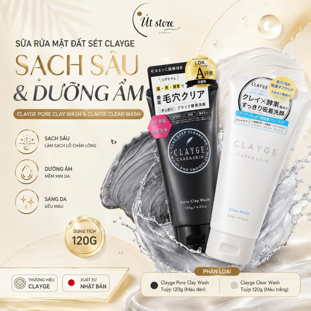 Sữa Rửa Mặt Đất Sét Clayge Pore Clay Wash và Clayge Clear Wash Sạch Sâu & Dưỡng Ẩm 120g
