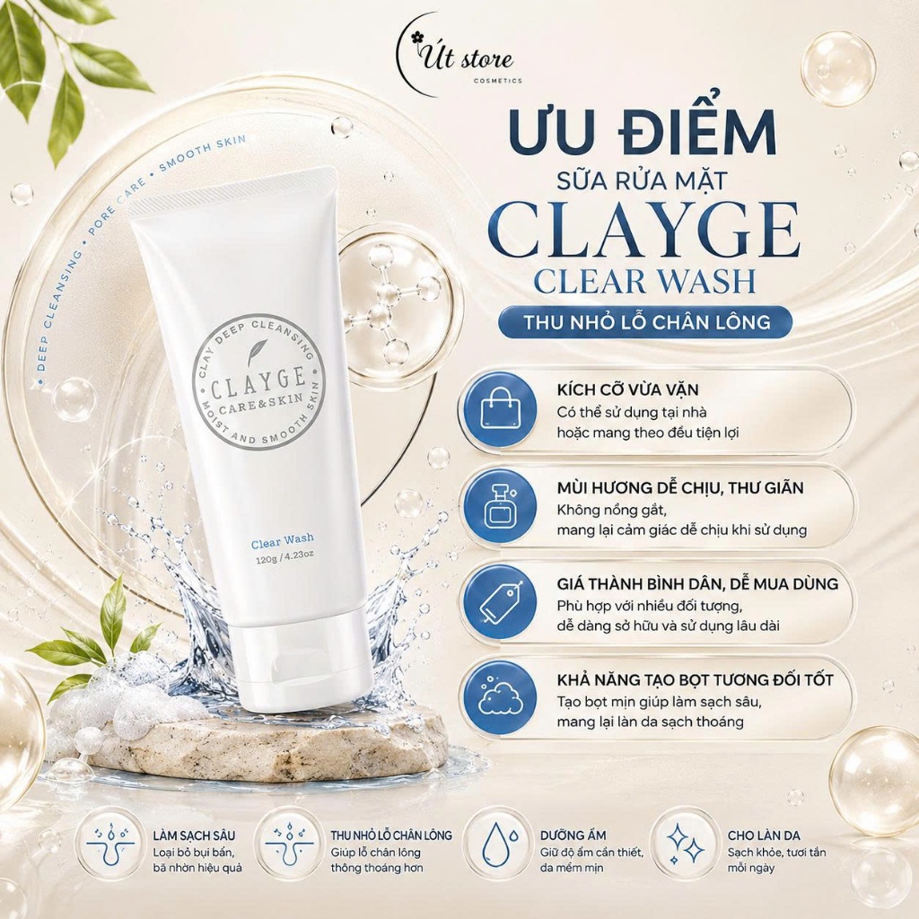Sữa Rửa Mặt Đất Sét Clayge Pore Clay Wash và Clayge Clear Wash Sạch Sâu & Dưỡng Ẩm 120g