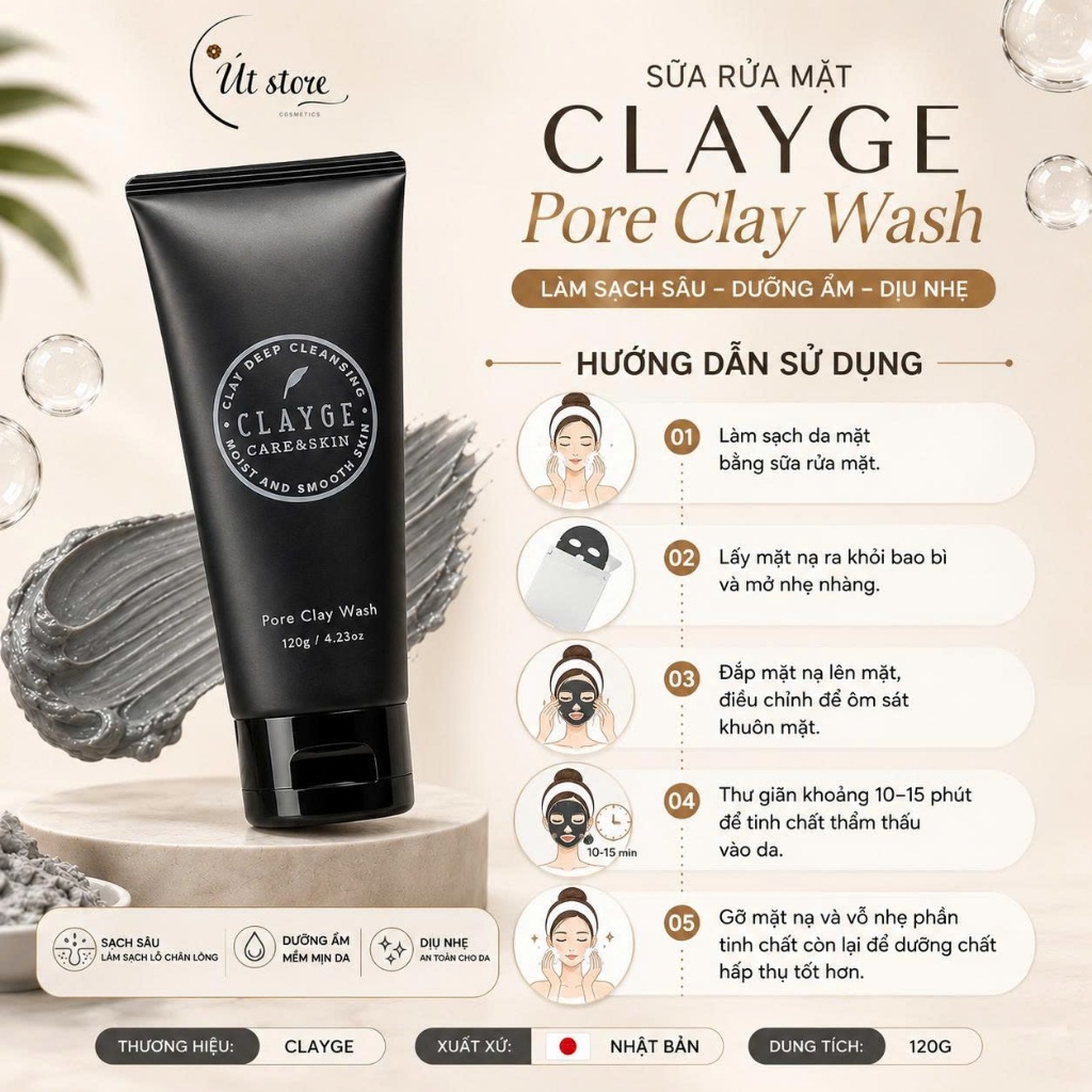 Sữa Rửa Mặt Đất Sét Clayge Pore Clay Wash và Clayge Clear Wash Sạch Sâu & Dưỡng Ẩm 120g