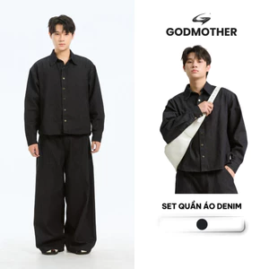Set Denim Trơn Unisex Form Rộng GODMOTHER Đồ Bộ Raw Denim (Áo Khoác Và Quần) Phong Cách Hàn Quốc Unisex