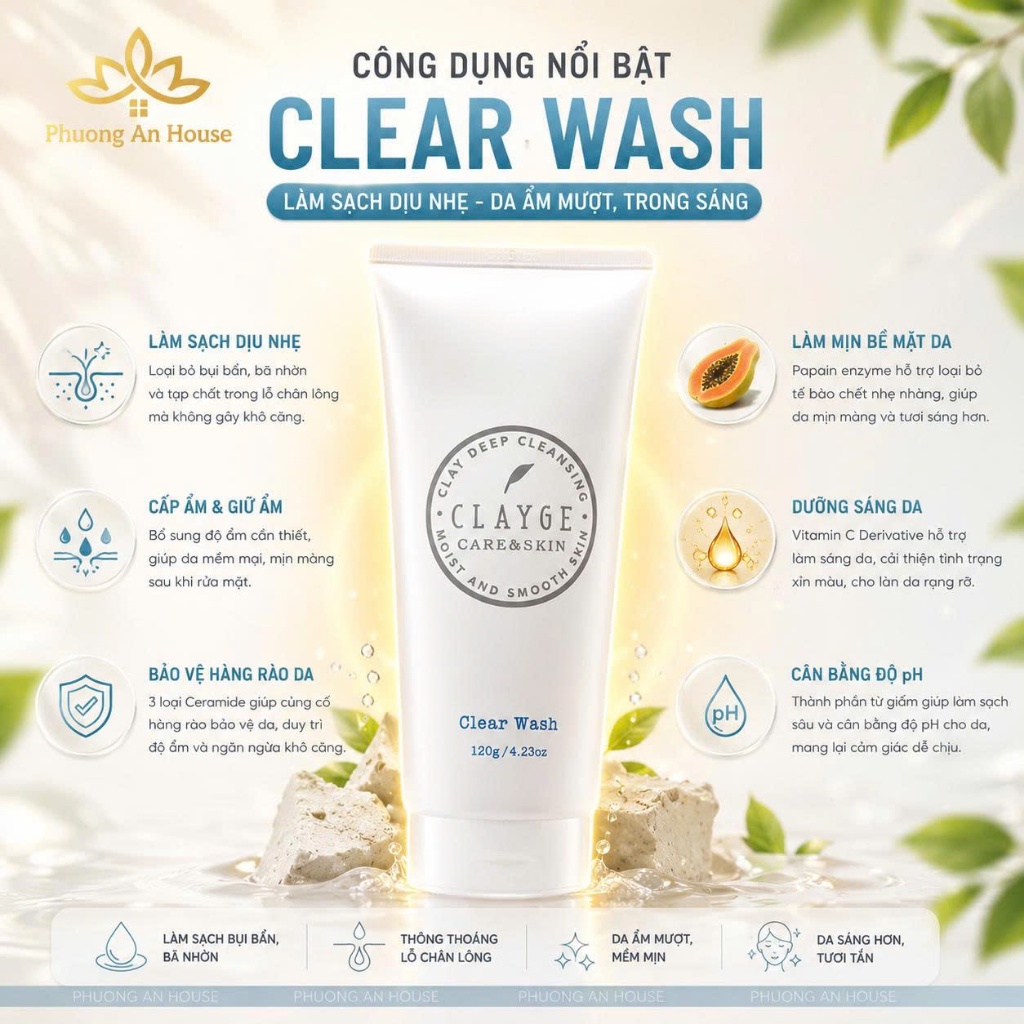 Sữa Rửa Mặt Đất Sét CLAYGE 120g Nhật Bản Làm Sạch Sâu, Thông Thoáng Lỗ Chân Lông Pore / Clear Wash