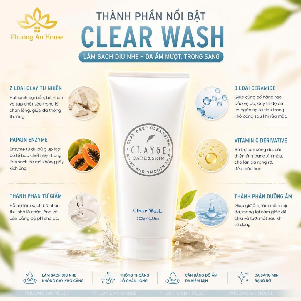 Sữa Rửa Mặt Đất Sét CLAYGE 120g Nhật Bản Làm Sạch Sâu, Thông Thoáng Lỗ Chân Lông Pore / Clear Wash