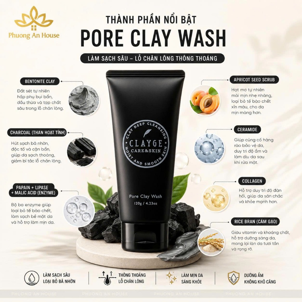 Sữa Rửa Mặt Đất Sét CLAYGE 120g Nhật Bản Làm Sạch Sâu, Thông Thoáng Lỗ Chân Lông Pore / Clear Wash
