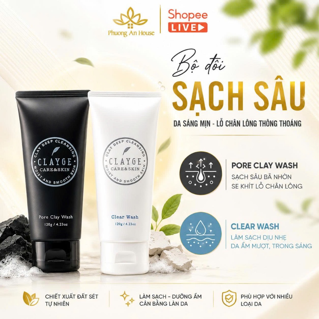 Sữa Rửa Mặt Đất Sét CLAYGE 120g Nhật Bản Làm Sạch Sâu, Thông Thoáng Lỗ Chân Lông Pore / Clear Wash