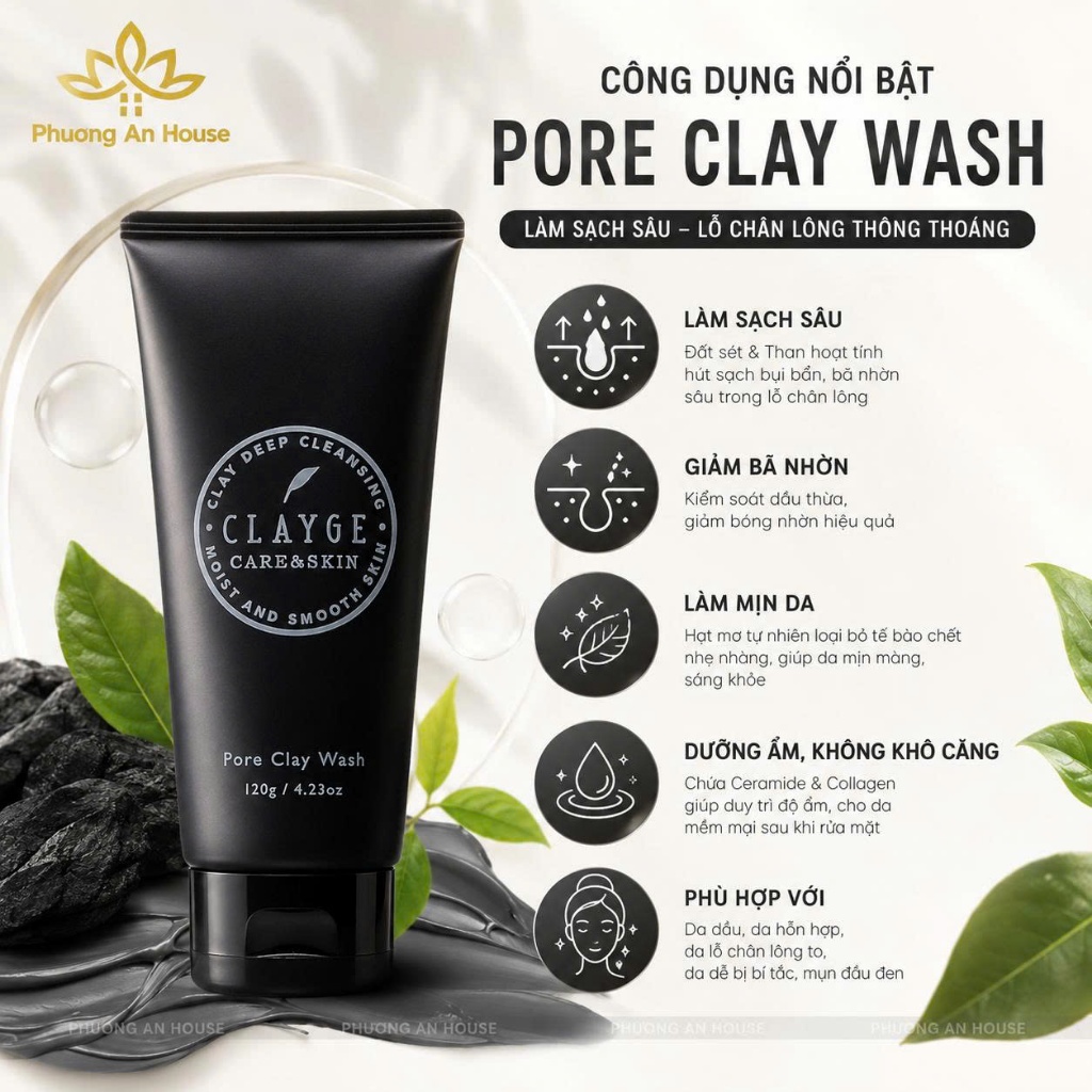 Sữa Rửa Mặt Đất Sét CLAYGE 120g Nhật Bản Làm Sạch Sâu, Thông Thoáng Lỗ Chân Lông Pore / Clear Wash