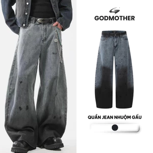Quần Jean Ống Bí Nhuộm Gấu GODMOTHER Quần Jean Ống Rộng Retro Nhuộm Gấu Phong Cách Unisex Cá Tính
