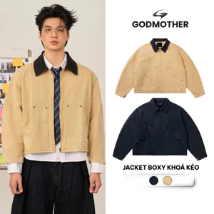 Áo Jacket Boxy GODMOTHER Áo Khoác Thu Đông Có Cổ Khoá Kéo Đen Kaki Có Túi Hàn Quốc