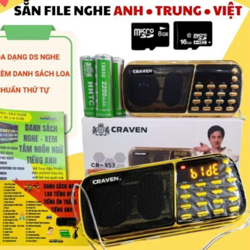 Combo Loa Đài Craven 3 Pin Thẻ Nhớ 8G Usb FM Máy Nghe Nhạc Mini Tắm Ngôn Ngữ Tiếng Anh Tiếng Trung Tiếng ViệtCho Bé
