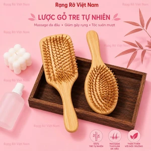 Lược Chải Gỡ Rối Bằng Gỗ Tre Hàng Loại 1 - Lược Maasssage Da Đầu Có Đệm Khí Giúp Thư Giãn Kích Thích Mọc Tóc