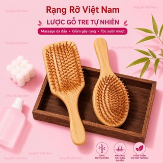 Lược Chải Gỡ Rối Bằng Gỗ Tre Hàng Loại 1 - Lược Maasssage Da Đầu Có Đệm Khí Giúp Thư Giãn Kích Thích Mọc Tóc