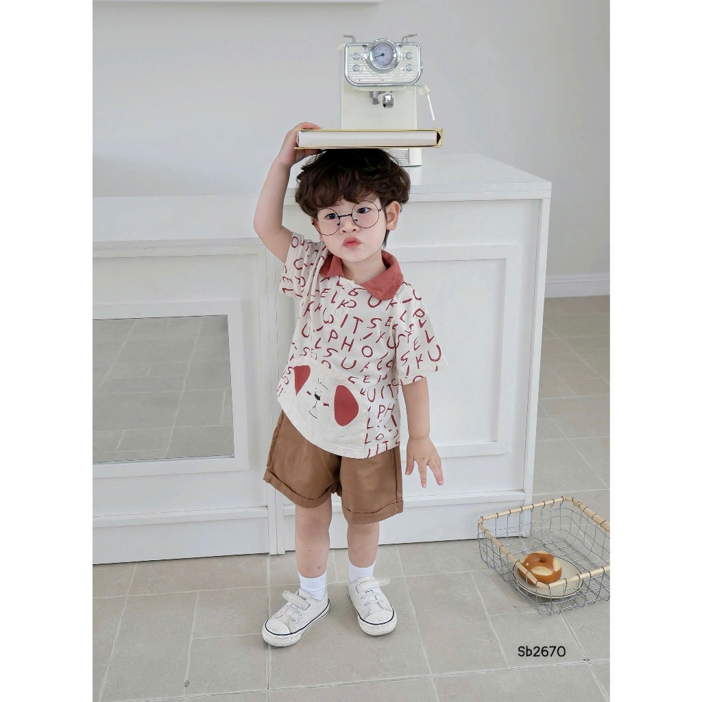 Set polo cộc tay Bebukids họa tiết kẻ in hình đáng yêu, chất liệu cotton mềm mại cho bé trai 8-21kg