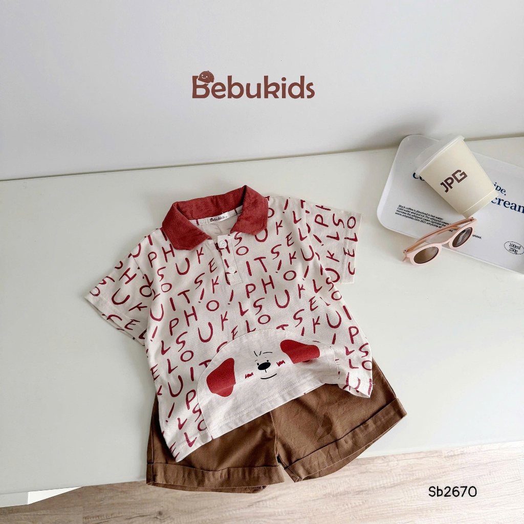 Set polo cộc tay Bebukids họa tiết kẻ in hình đáng yêu, chất liệu cotton mềm mại cho bé trai 8-21kg