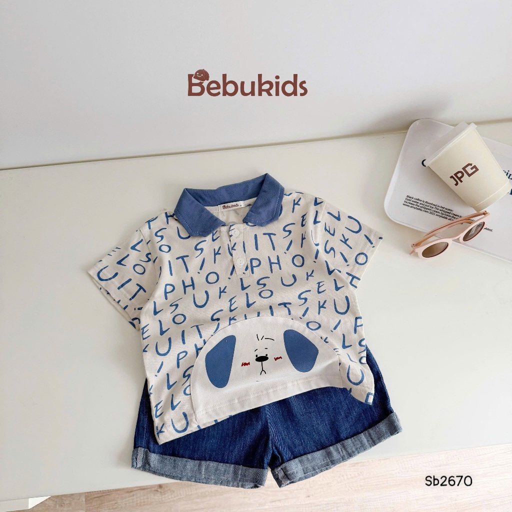 Set polo cộc tay Bebukids họa tiết kẻ in hình đáng yêu, chất liệu cotton mềm mại cho bé trai 8-21kg