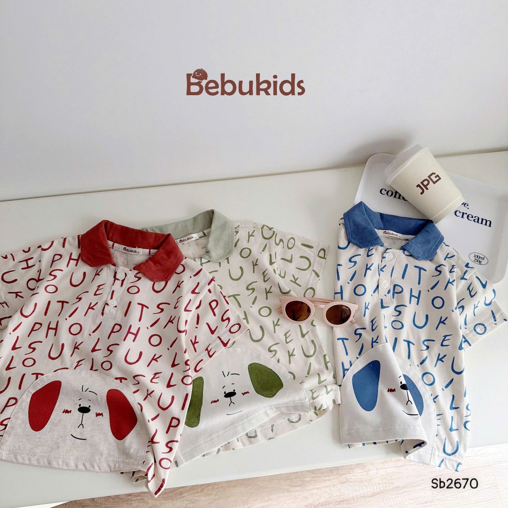 Set polo cộc tay Bebukids họa tiết kẻ in hình đáng yêu, chất liệu cotton mềm mại cho bé trai 8-21kg