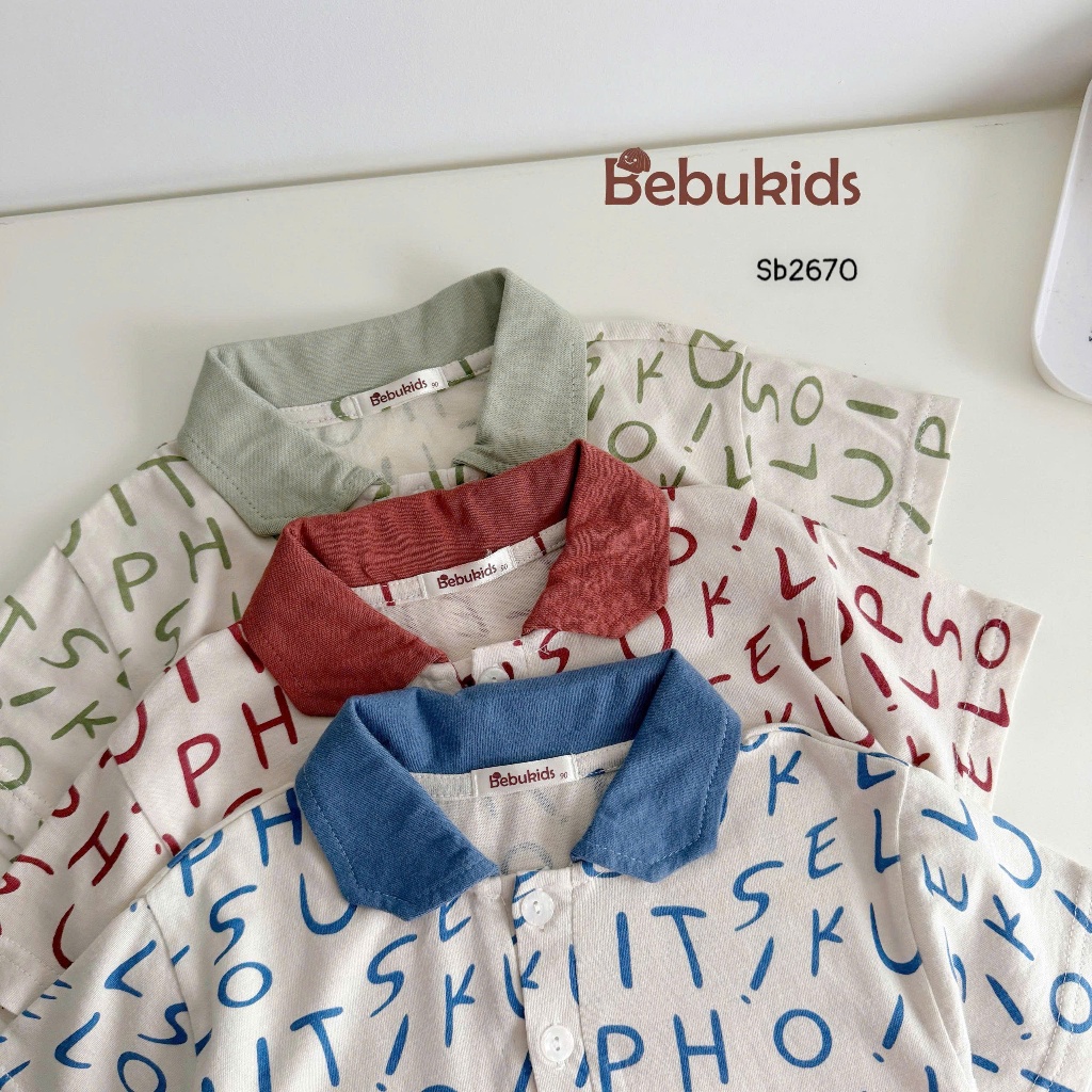 Set polo cộc tay Bebukids họa tiết kẻ in hình đáng yêu, chất liệu cotton mềm mại cho bé trai 8-21kg