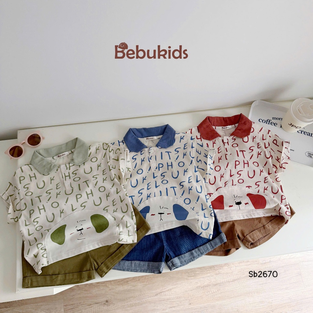 Set polo cộc tay Bebukids họa tiết kẻ in hình đáng yêu, chất liệu cotton mềm mại cho bé trai 8-21kg