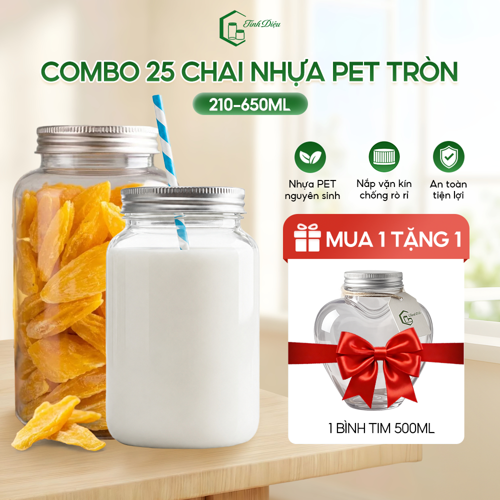 [Sỉ Tận Xưởng] Set 25 Chai Nhựa PET Tròn Trong Dày 210-650ml Nắp Nhôm Đựng Trà Sữa Nước Ép Cafe