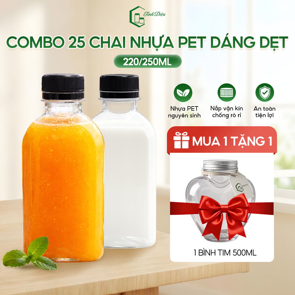 [Sỉ Tận Xưởng] Set 25 Chai Nhựa PET Dẹp Trong Dày 220-250ml Nắp Vặn Đựng Trà Sữa Nước Ép Cafe