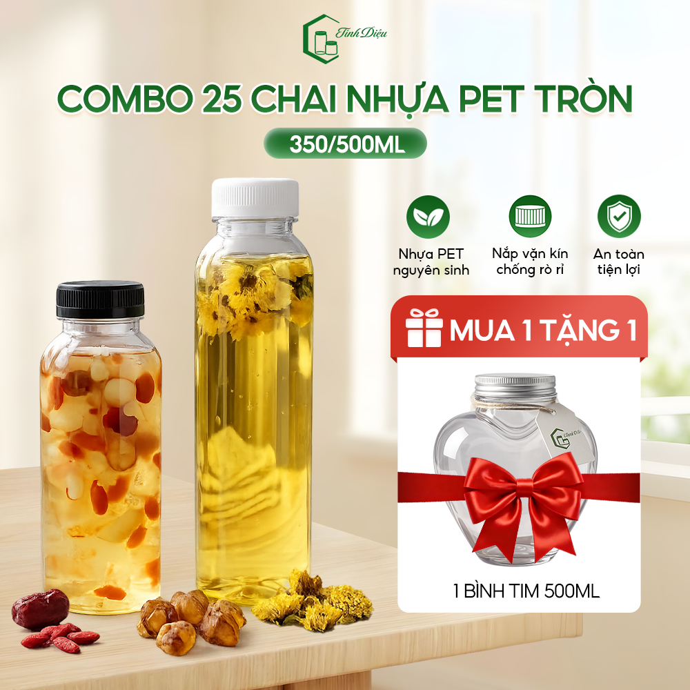 [Sỉ Tận Xưởng] Set 25 Chai Nhựa PET Tròn Trong Dày 350/500ml Nắp Vặn Đựng Trà Sữa Nước Ép Cafe Sữa