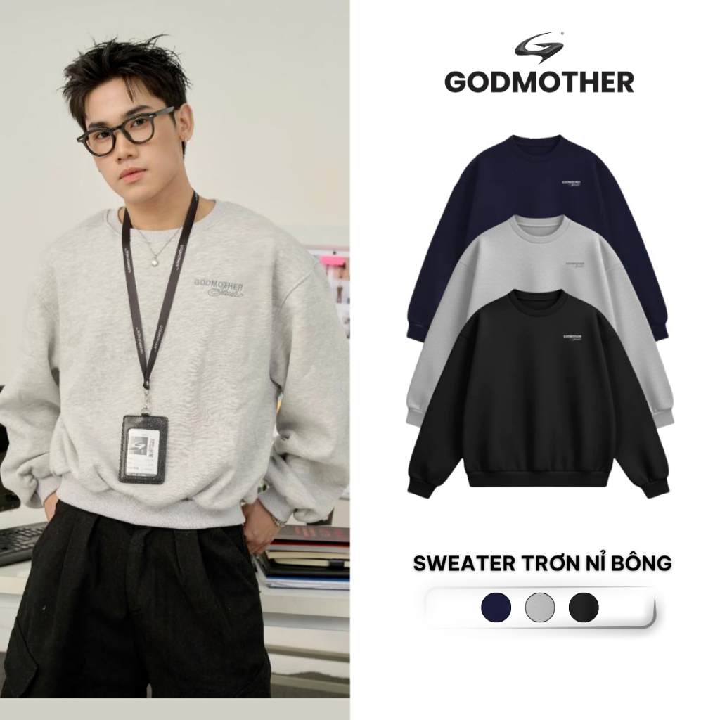 Áo Sweater Trơn GODMOTHER 2025 Nỉ Bông Form Boxy Dáng Lửng Thêu Chữ Godmother Studio