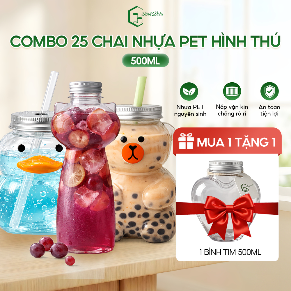 [Sỉ Tận Xưởng] Set 25 Chai Nhựa PET Hình Thú Trong Dày 500ml Nắp Nhôm Đựng Trà Sữa Nước Ép Cafe Sữa