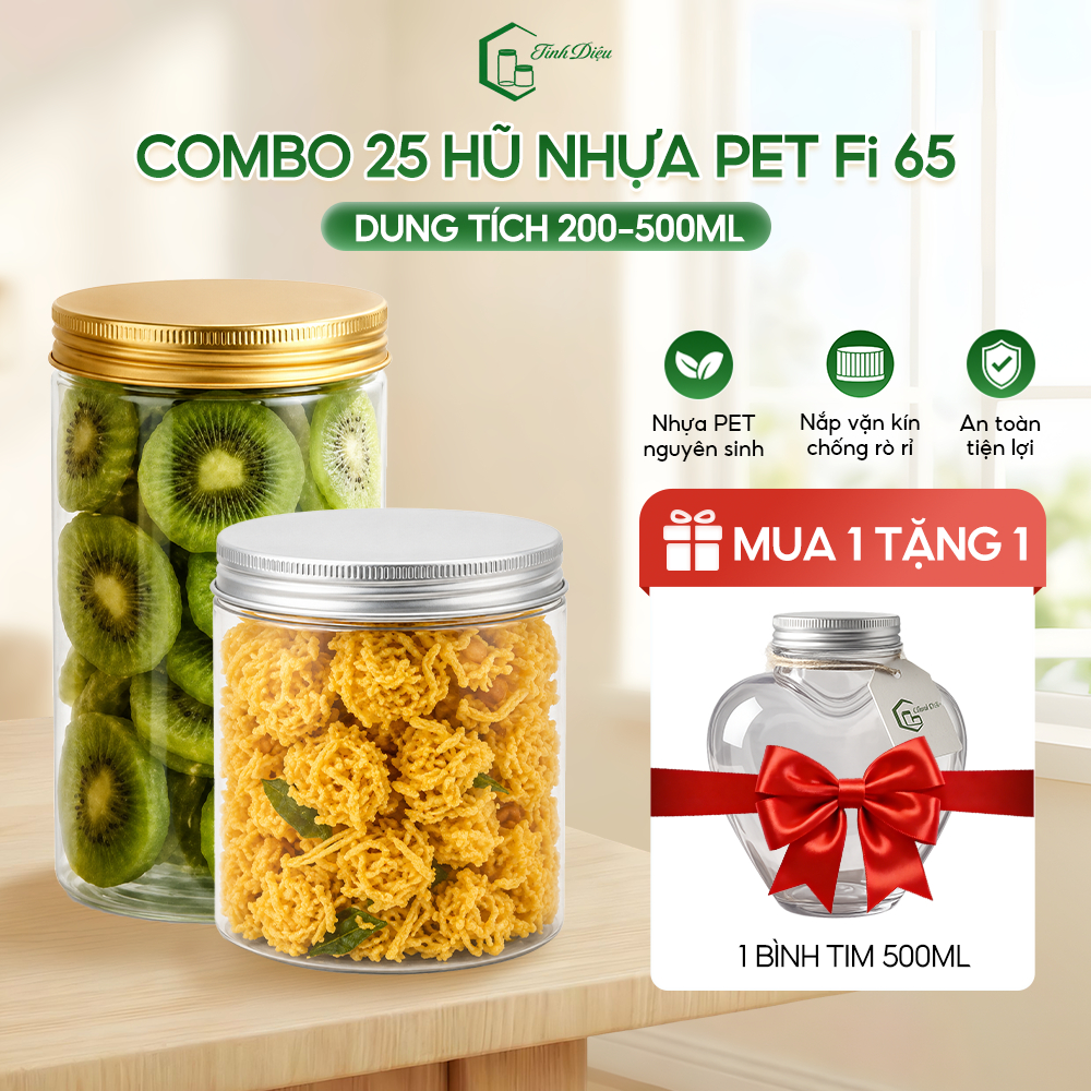 Combo 25 Hũ Nhựa PET Miệng Phi 65 Nắp Vặn Kèm Seal - Đựng Đồ Uống, Thực Phẩm - Tặng 1 Chai Tim