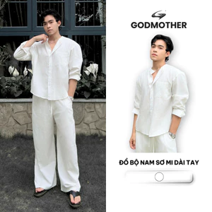 Đồ Bộ Nam GODMOTHER Set Sơ Mi Đũi Dài Tay Cổ Trụ Form Rộng Đi Biển Mùa Hè Cao Cấp
