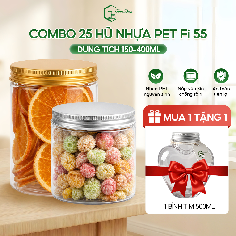 [Sỉ Tận Xưởng] Set 25 Hũ Nhựa PET Trong Dày Miệng 55 150-450ml Nắp Vặn Đựng Thực Phẩm Khô Bánh Kẹo
