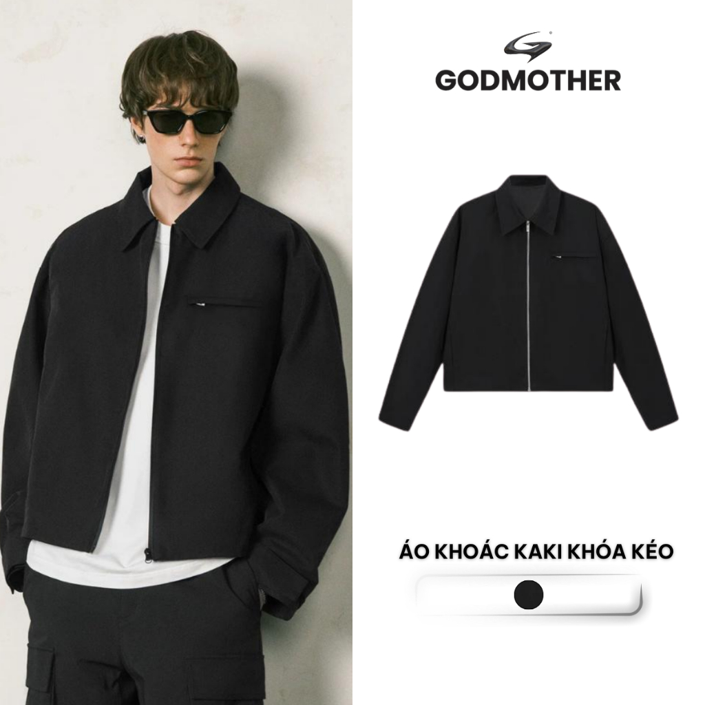Áo Khoác Kaki Khóa Kéo Form Crop GODMOTHER Jacket Có Túi Trong Chất Liệu Kaki Phong Cách Trendy