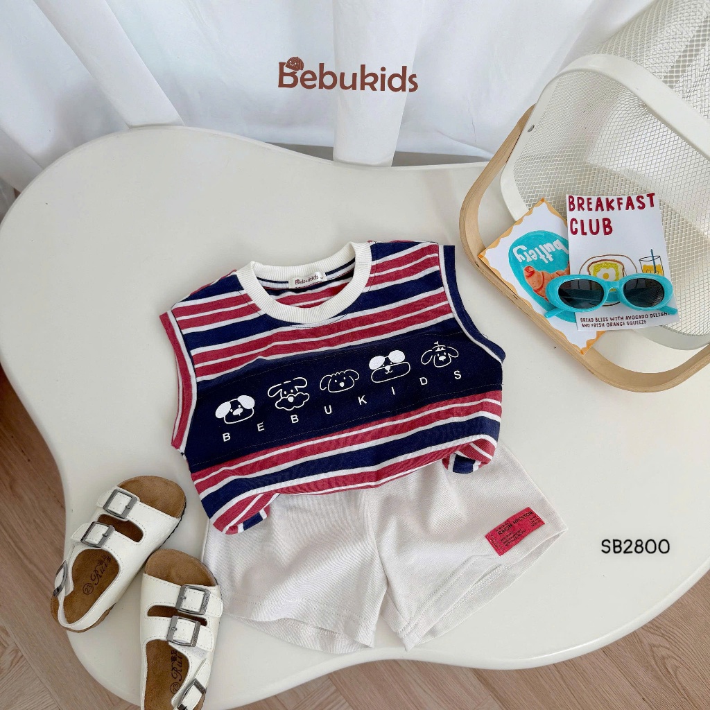 Set sát nách Bebukids hình in Gấu đồng hồ ngộ nghĩnh,thiết kế viền cổ chất liệu mát mẻ cho bé 8-21kg