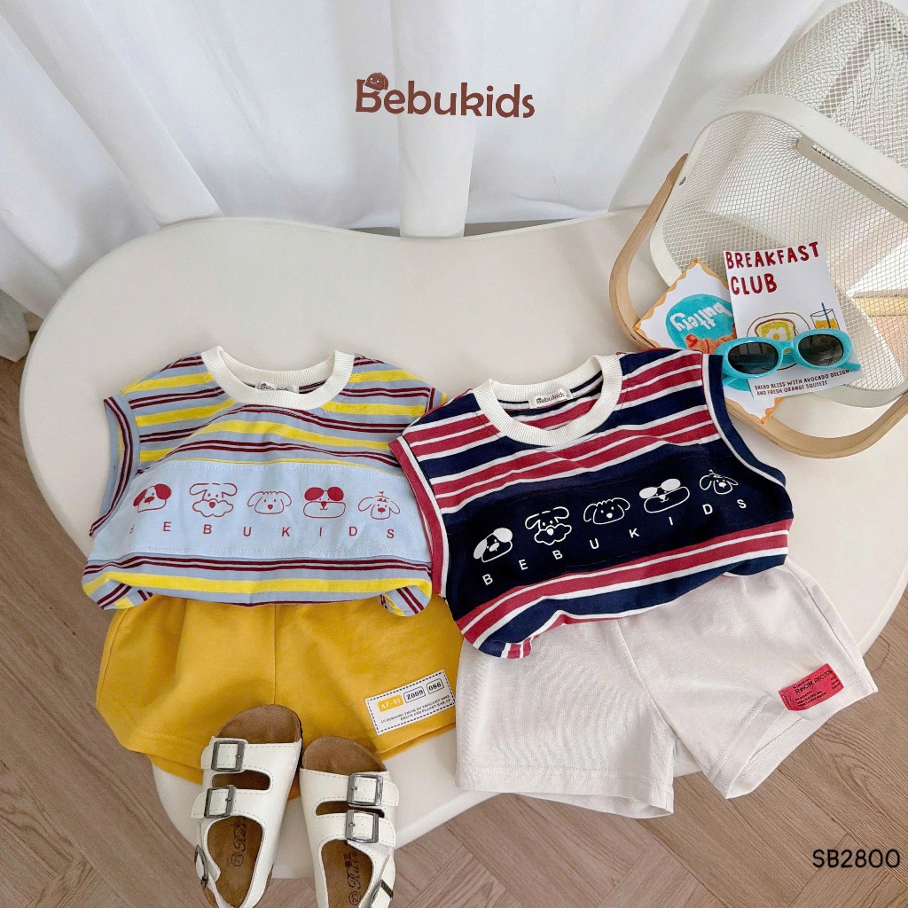 Set sát nách Bebukids hình in Gấu đồng hồ ngộ nghĩnh,thiết kế viền cổ chất liệu mát mẻ cho bé 8-21kg