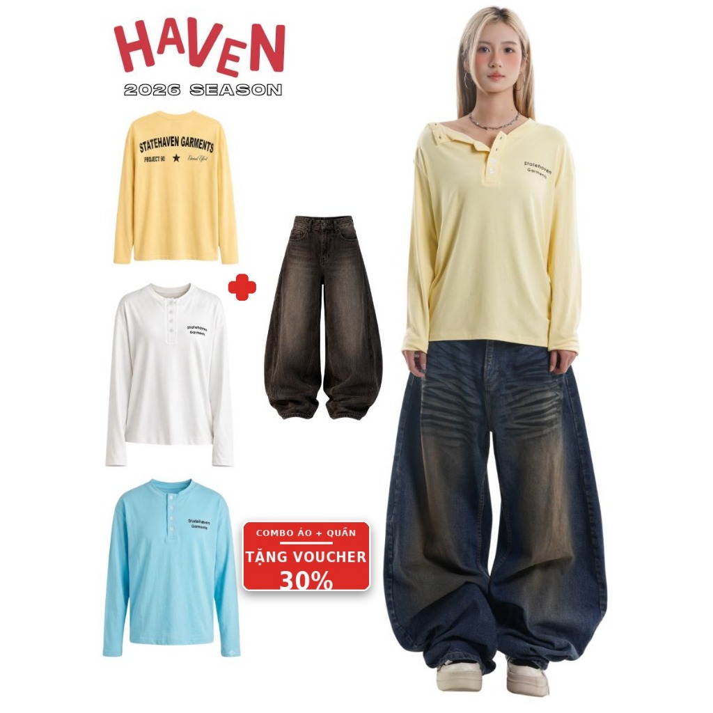 Áo thun cúc vai Cotton Signature Button Nam Nữ Form Rộng Nam nữ Haven Studio