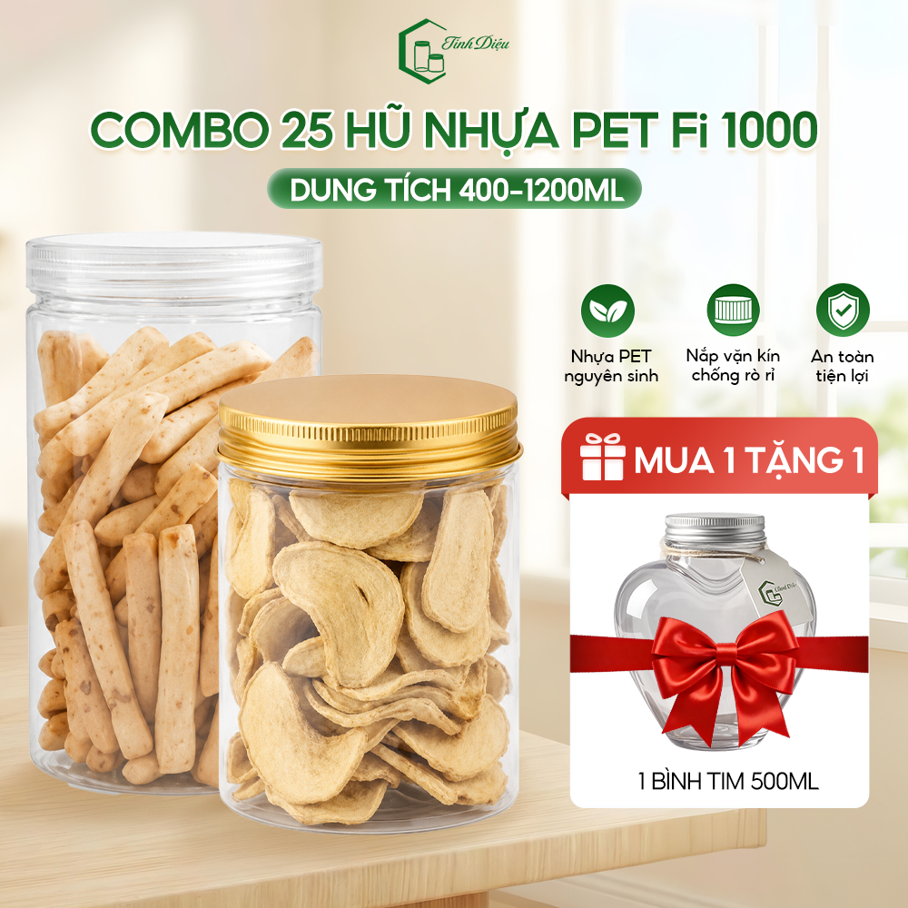 Combo 25 Hũ Nhựa PET Phi 100 Nắp Vặn Kèm Seal - Hũ Đựng Snack, Ngũ Cốc, Thực Phẩm - Tặng 1 Chai Tim