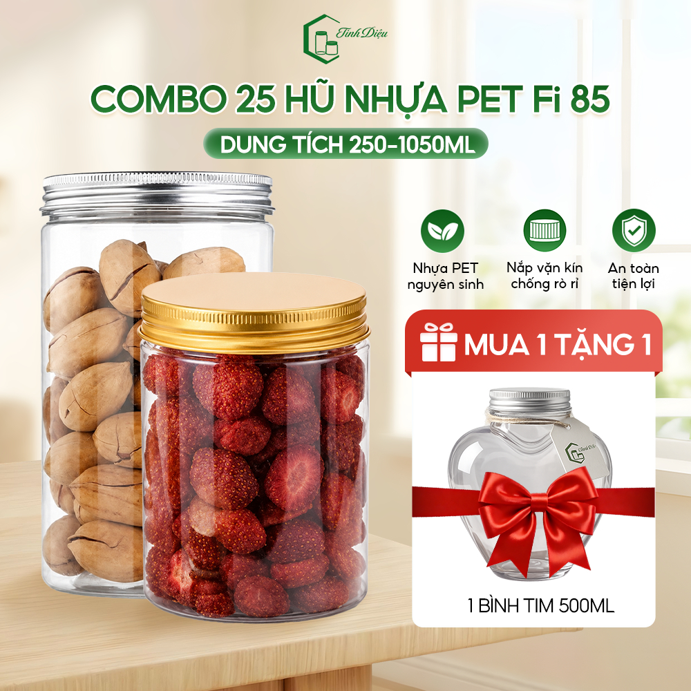[Sỉ Tận Xưởng] Set 25 Hũ Nhựa PET Trong Dày Miệng 85 300-1050ml Nắp Vặn Đựng Thực Phẩm Khô Granola
