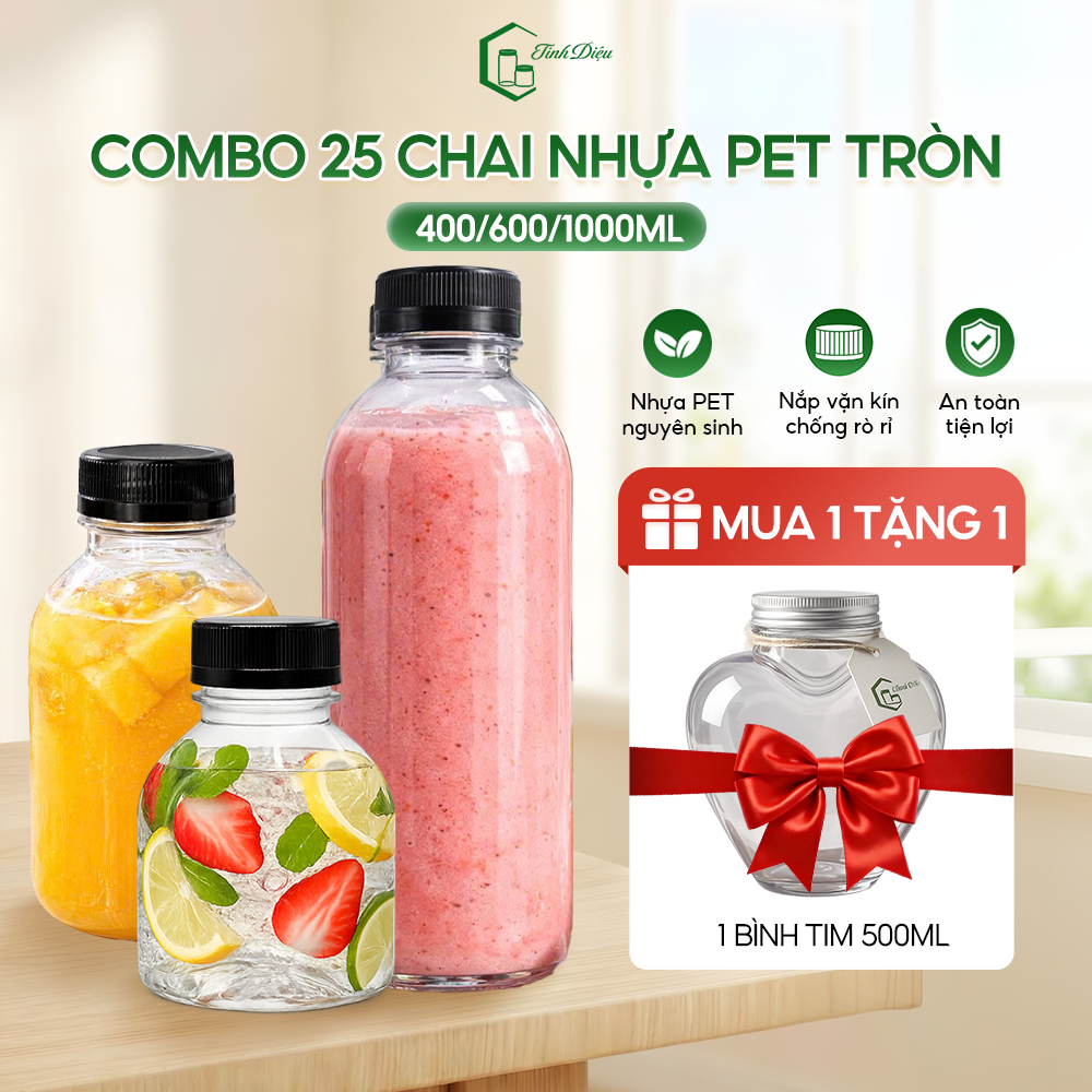[Sỉ Tận Xưởng] Set 25 Chai Nhựa PET Tròn Trong Dày 400/600/1000ml Nắp Vặn Đựng Trà Sữa Nước Ép Cafe
