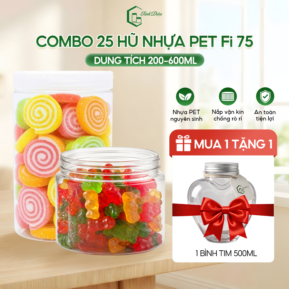 [Sỉ Tận Xưởng] Set 25 Hũ Nhựa PET Trong Dày Miệng 75 200-600ml Nắp Vặn Đựng Thực Phẩm Khô Hạt Sấy