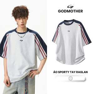 Áo Thun Cộc Tay Phối Kẻ Cổ Tròn GODMOTHER T-shirt Sporty Tay Raglan Phong Cách Thể Thao Basic Unisex Mùa Hè 2026
