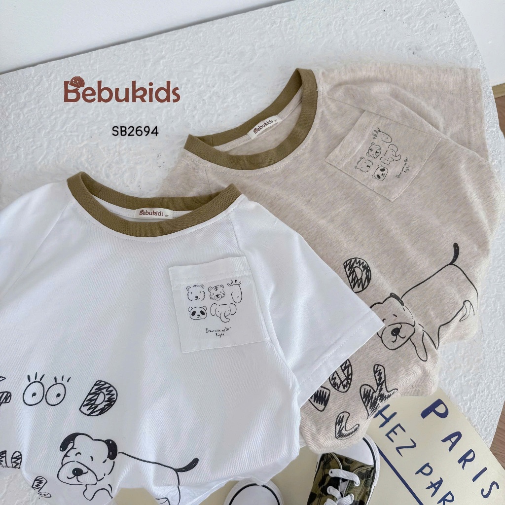 Set cotton cộc tay in hình khủng long Bebukids phối quần da cá mềm mại cho bé 8-21kg