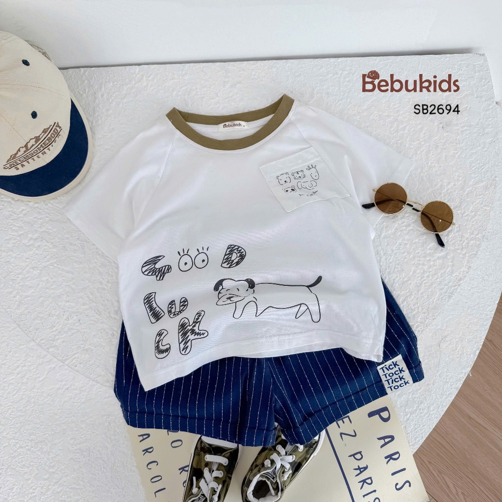 Set cotton cộc tay in hình khủng long Bebukids phối quần da cá mềm mại cho bé 8-21kg