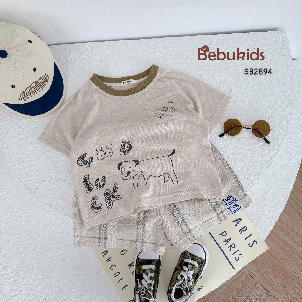 Set cotton cộc tay in hình khủng long Bebukids phối quần da cá mềm mại cho bé 8-21kg