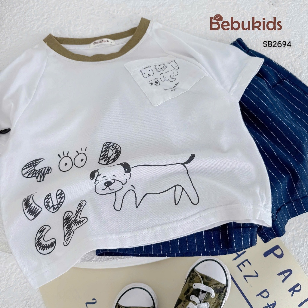 Set cotton cộc tay in hình khủng long Bebukids phối quần da cá mềm mại cho bé 8-21kg