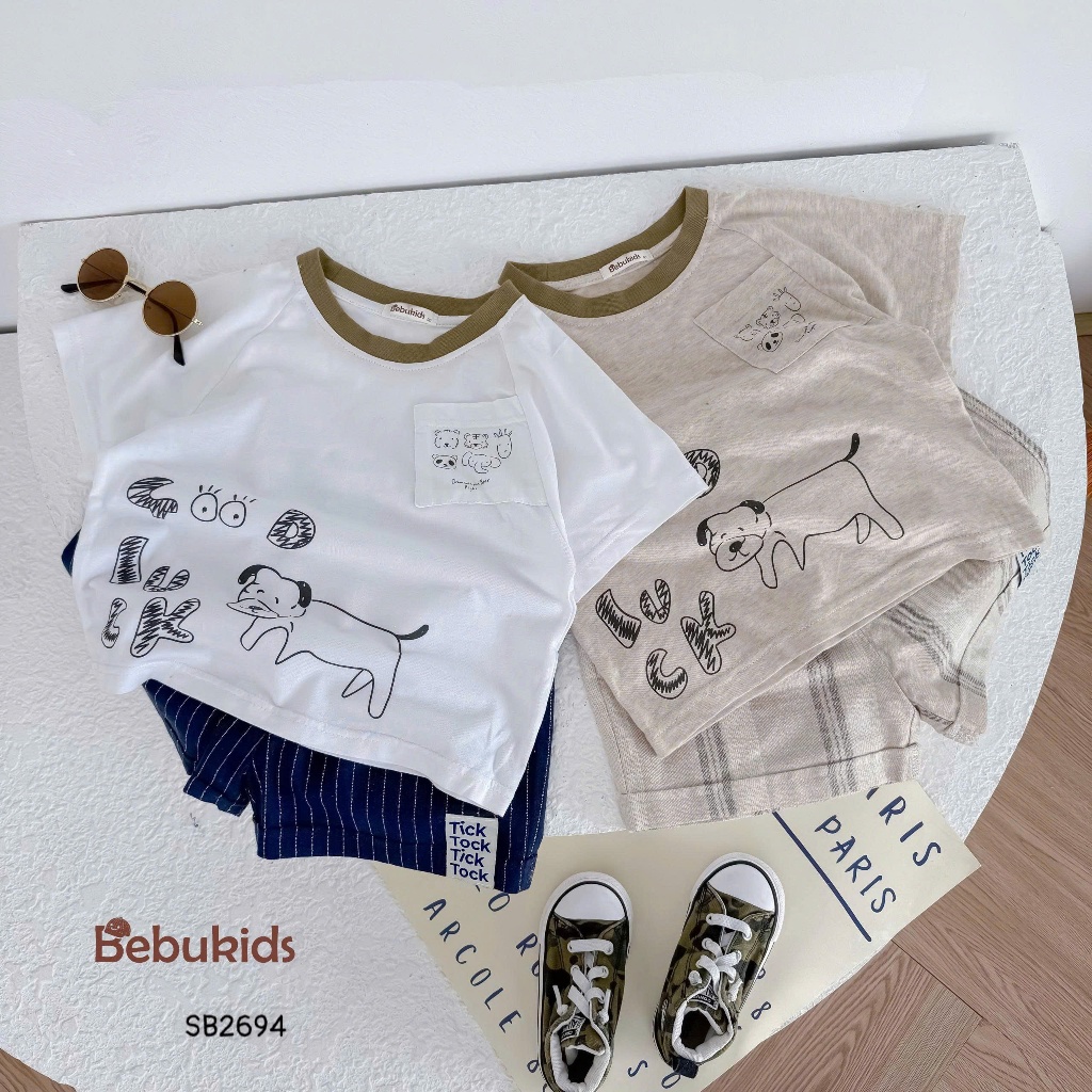 Set cotton cộc tay in hình khủng long Bebukids phối quần da cá mềm mại cho bé 8-21kg