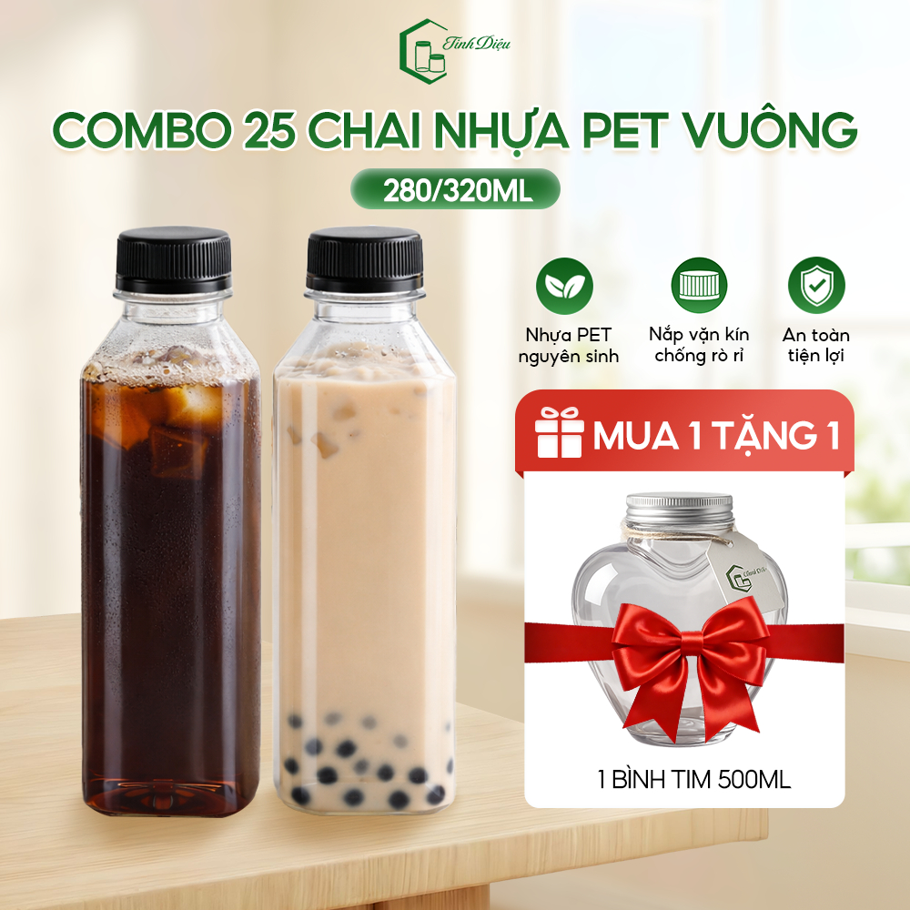 [Sỉ Tận Xưởng] Set 25 Chai Nhựa PET Vuông Trong Dày 280-320ml Nắp Vặn Đựng Trà Thái Trà Sữa Nước Ép