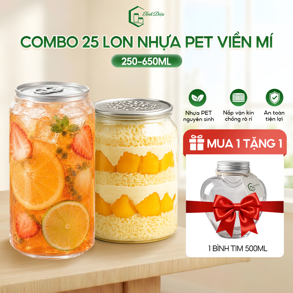 [Sỉ Tận Xưởng] Set 25 Lon Nhựa PET Trong Dày Viền Mí 250-650ml Nắp Nhôm Đựng Trà Sữa Nước Ép Cafe